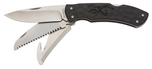 Picture of Browning Primal Kodiak Slim 3.75" Folding Drop Point/Gut Hook/Saw 8Cr13MoV SS Blade Black Polymer w/Rubber Overmold Handle Includes Nylon Belt Pouch 3220430