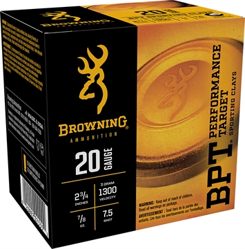 Picture of Browning Ammo BPT Performance Target Sporting Clay 20Gauge 2.75" 7/8oz 7.5Shot 25 Per Box/10 Case B193632027