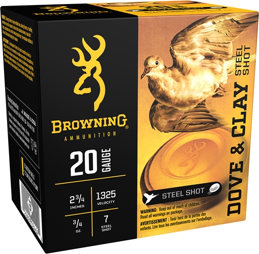Picture of Browning Ammunition DOVE & CLAY 20 GAUGE 2-3/4'' 3/4OZ #7 STEEL SHOT 25/BOX B193832027