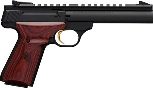 Picture of Browning Buck Mark Field Target 22 LR 10+1 5.50" Matte Blued Heavy Bull Barrel, Matte Black Serrated w/Picatinny Rail Slide & Aluminum Frame w/Laminate Cocobolo Target Grip 051528490