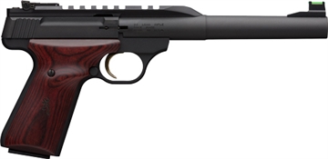 Picture of Browning Buck Mark, Hunter, Semi-automatic, Metal Frame Pistol, 22LR, 7.25" Bull Barrel, Aluminum, Matte Finish, Black, Wood Grips, Fiber Optic Front Sight, 10 Rounds, 1 Magazine 051499490