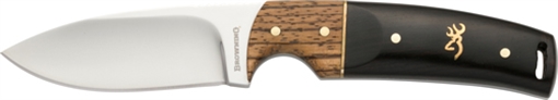 Picture of Browning Buckmark Hunter EDC 3.13" Fixed Drop Point, Plain Mirror Polished 8Cr14MoV SS Blade, Black/Zebra Finger Grooved w/Brass Accents Hardwood Handle, Includes Sheath 3220271