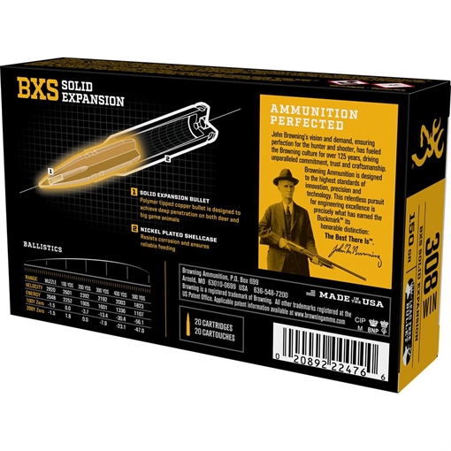 Picture of Browning Max Point Rifle Ammunition .308 Win 150gr BXS 2820 fps 20/ct B192403081