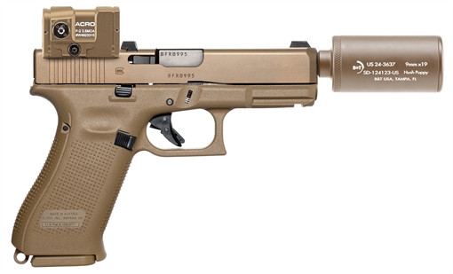Picture of B&T USA Hush Puppy Glock 19, Striker Fired, Semi-automatic, Polymer Frame Pistol, Compact, 9MM, 4" Barrel, Threaded 13.5X1 LH, Matte Finish, Coyote, Adjustable Sights, Aimpoint Acro P-2 Red Dot, 17 Rounds, 2 Magazines, Includes Hush Puppy Suppressor BT-HUSH-PUPPY-KIT-CT-CSTM HUSHPUPPYKITCTCSTM