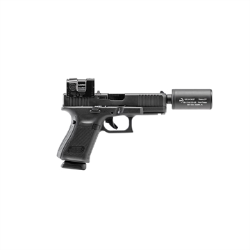 Picture of B&T USA Hush Puppy Glock 19, Striker Fired, Semi-automatic, Polymer Frame Pistol, Compact, 9MM, 4" Barrel, Threaded 13.5X1 LH, Matte Finish, Black, Adjustable Sights, Aimpoint Acro P-2 Red Dot, 17 Rounds, 2 Magazines, Includes Hush Puppy Suppressor BT-HUSH-PUPPY-KIT-CSTM