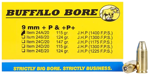 Picture of Buffalo Bore Ammunition Personal Defense Strictly Business 9mmLuger +P+ 115gr Jacket Hollow Point 20 Per Box/12 Case 24A20
