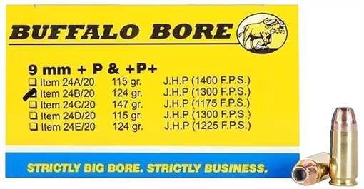 Picture of Buffalo Bore Ammunition Personal Defense Strictly Business 9mmLuger +P+ 124gr Jacket Hollow Point 20 Per Box/12 Case 24B20