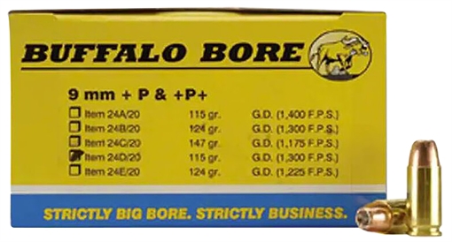 Picture of Buffalo Bore Ammunition Personal Defense Strictly Business 9mmLuger +P 115gr Jacket Hollow Point 20 Per Box/12 Case 24D20
