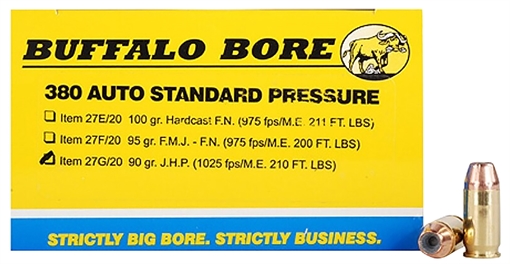 Picture of Buffalo Bore Ammunition Standard Pressure Strictly Business 380ACP 90gr Jacket Hollow Point 20 Per Box/12 Case 27G20