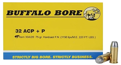 Picture of Buffalo Bore Ammunition Personal Defense Strictly Business 32ACP +P 75gr Hard Cast Flat Nose 20 Per Box/12 Case 30A20