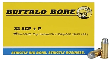 Picture of Buffalo Bore Ammunition Personal Defense Strictly Business 32ACP +P 75gr Hard Cast Flat Nose 20 Per Box/12 Case 30A20