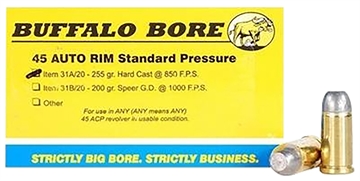 Picture of Buffalo Bore Ammunition Standard Pressure Strictly Business 45Auto Rim 255gr Hard Cast Flat Nose 20 Per Box/12 Case 31A20