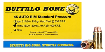 Picture of Buffalo Bore Ammunition Standard Pressure Strictly Business 45Auto Rim 200gr Jacket Hollow Point 20 Per Box/12 Case 31B20