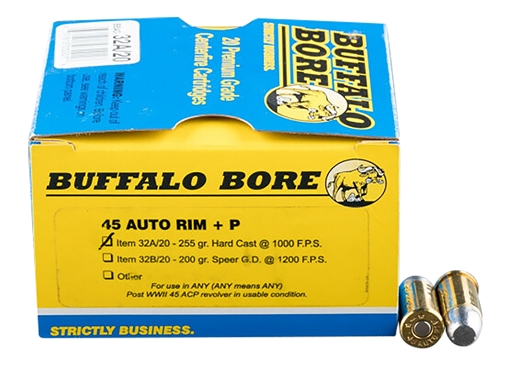 Picture of Buffalo Bore Ammunition Personal Defense Strictly Business 45Auto Rim +P 255gr Hard Cast Flat Nose 20 Per Box/12 Case 32A20