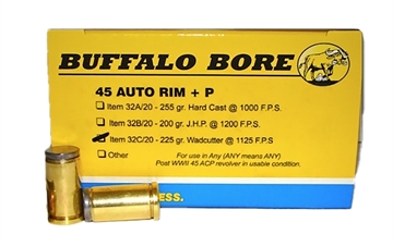 Picture of Buffalo Bore Ammunition Personal Defense Strictly Business 45Auto Rim +P 225gr Wadcutter 20 Per Box/12 Case 32C20