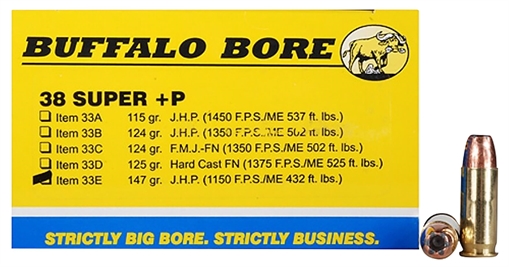 Picture of Buffalo Bore Ammunition Personal Defense Strictly Business 38Super +P 147gr Jacket Hollow Point 20 Per Box/12 Case 33E20
