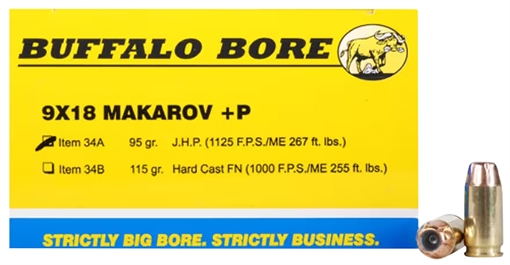 Picture of Buffalo Bore Ammunition Personal Defense Strictly Business 9x18Makarov +P 95gr Jacket Hollow Point 20 Per Box/12 Case 34A20