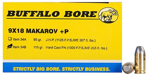 Picture of Buffalo Bore Ammunition Personal Defense Strictly Business 9x18Makarov +P 115gr Hard Cast Flat Nose 20 Per Box/12 Case 34B20