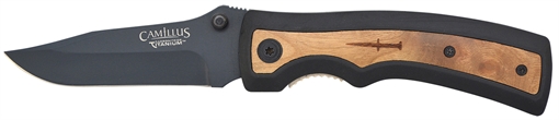 Picture of Camillus Slick 3" Folding Clip Point Plain Black Carbonitride Titanium AUS-8A SS Blade, 5" Black Rubber/Wood Handle 19076-001