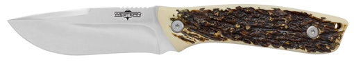 Picture of Camillus Western Crosstrail, Fixed Blade Knife, Plain Edge, Faux Stag Handle, Satin Finish, Silver Blade, 4.25" Blade Length, 9" Overall Length, 420 Stainless Steel Blade, Includes Nylon Sheath CAM-19246