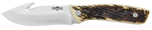 Picture of Camillus Western Crosstrail 4.25" Fixed Gut Hook Plain Silver 420 Steel Titanium Bonded Blade, Stag/Antler Delrin Handle, Includes Belt Loop/Sheath 19247