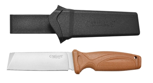 Picture of Camillus Swedge, Fixed Blade Knife, Plain Edge, Tan ABS Handle, Satin Finish, Silver, Chisel Point, 4.3" Blade Length, 8.5" Overall Length, 420 Stainless Steel Blade, Includes Polymer Sheath CAM-19627