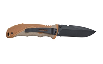 Picture of Camillus Inflame, Folding Knife, Plain Edge, Brown and Tan ABS Grip, Matte Finish, Black Blade, 3.25" Blade, 7.5" Overall Length, 440C Stainless Steel, Liner Lock CAM-19473
