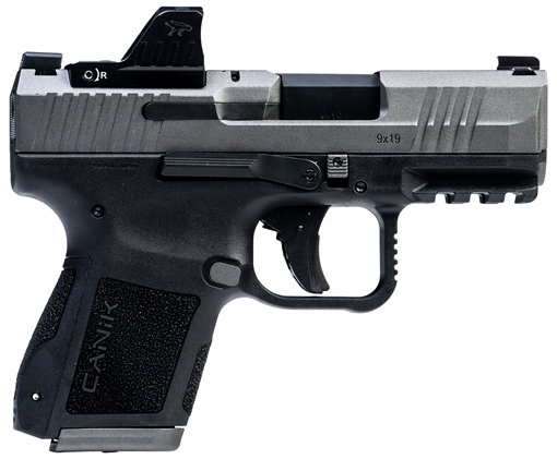 Picture of Canik Mete MC9 Sports South Exclusive 9mm Luger 15+1/12+1 3.18" Black Tenifer Cerakote Optic Ready/Serrated Steel Slide, Tungsten Cerakote Polymer Frame w/Picatinny Rail, MeCanik M01 Red Dot HG7620TVN