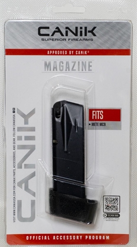 Picture of CANIK MC9 Magazine, 9MM, 15 Rounds, Fits Canik MC9, Matte Finish, Black, Includes Black Full Grip Extension MA2276