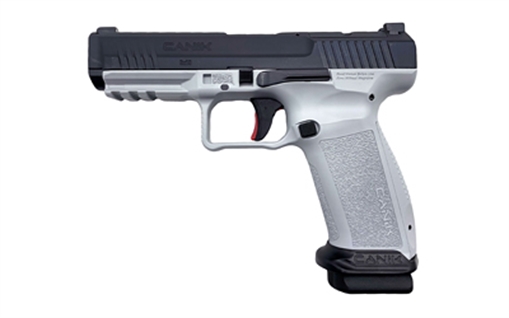 Picture of CANIK TP9, METE SFT, Striker Fired, Semi-automatic, Polymer Frame Pistol, Full Size, 9MM, 4.47" Barrel, Black Slide, White Frame, 3 Dot White Sights, Flared Magwell, Holster Fit and Lock, Optics Ready, 2 Magazines, (1)-18 Round and (1)-20 Round HG7415-N