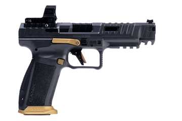 Picture of CANIK SFX Rival, Striker Fire, Semi-automatic Pistol, Full Size, Polymer Frame Pistol, 9MM, 5" Barrel, Matte Finish, Canik Gray w/Gold Accents, 18 Rounds, 2 Magazines, Includes MeCanik MO2 Optic HG7160T-N HG7160TN
