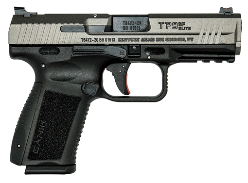 Picture of CANIK TP9SF Elite, Striker Fired, Semi-automatic, Polymer Frame Pistol, Compact, 9MM, 4.19" Barrel, Cerakote Finish, Tungsten Grey, Blacked Out Rear Sight with Fiber Optic Front, 10 Rounds, 2 Magazines, Includes Holster and Interchangeable Backstraps HG4870T-N HG4870TN