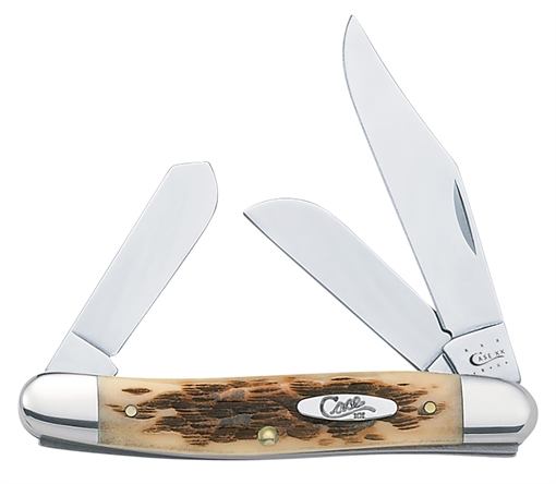 Picture of Case Stockman Medium 2.92"/2.15"/1.90" Folding Clip/Sheepsfoot/Spey Plain Mirror Polished Tru-Sharp SS Blade/Peach Seed Jigged Amber Bone Handle 00128