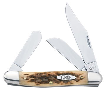 Picture of Case Stockman Medium 2.92"/2.15"/1.90" Folding Clip/Sheepsfoot/Spey Plain Mirror Polished Tru-Sharp SS Blade/Peach Seed Jigged Amber Bone Handle 00128