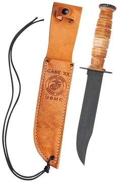 Picture of Case USMC 7" Fixed Clip Point Plain Blackened 1095 Carbon Steel Blade Grooved Leather Handle 00334