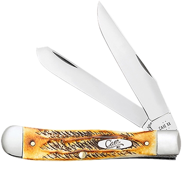 Picture of Case Trapper 3.25" Folding Clip Point/Spey Plain Mirror Polished Tru-Sharp SS Blades, Burnt Dark Amber 6.5 BoneStag Handle, Includes Pocket Clip 65345