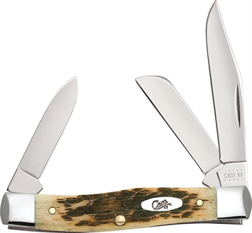 Picture of Case Stockman Medium 2.57"/1.88"/1.76" Folding Clip/Sheepsfoot/Pen Plain Mirror Polished Chrome Vanadium Steel Blade/Peach Seed Jigged Amber Bone Handle 00079