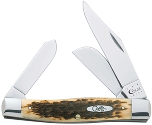 Picture of Case Stockman Large 3.30"/2.30"/2.20" Folding Clip Point/Pen/Sheepsfoot Plain Mirror Polished Carbon Steel Blade, Peach Seed Jigged Amber Bone Handle 00204