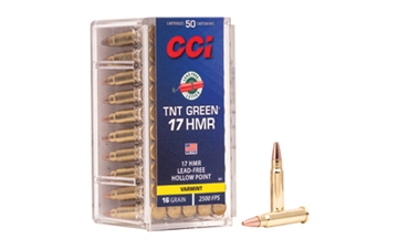 Picture of CCI Ammunition TNTGreen, 17 HMR, 16 Grain, Hollow Point, Lead Free, 50 Round Box, California Certified Nonlead Ammunition 951 0951