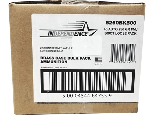 Picture of CCI Independence Brass Handgun Ammunition .45 ACP 230 gr. FMJ 830 fps 500/ct (Bulk) 5260BK500