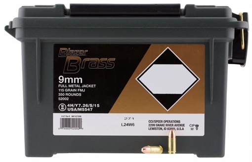 Picture of CCI Blazer Brass 9mm Luger 115 gr Full Metal Jacket (FMJ) 350 Bx/ 1 Cs (Plano Can) 52002
