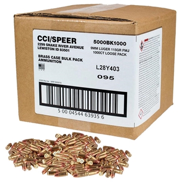 Picture of CCI Blazer Brass Handgun Ammunition 9mm Luger 115 gr FMJ 1145 fps 1000/ct Loose Pack 5000BK1000