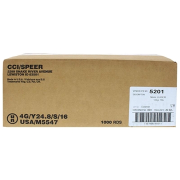 Picture of CCI Blazer Brass Handgun Ammunition 9mm Luger 124 gr. FMJ 1090 fps 1000/ct (20-50/ct) 5201 CASE