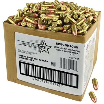 Picture of CCI Independence Brass Handgun Ammunition 9mm Luger (+P) 115 gr FMJ 1300 fps 1000/ct (Bulk) 52501BK1000