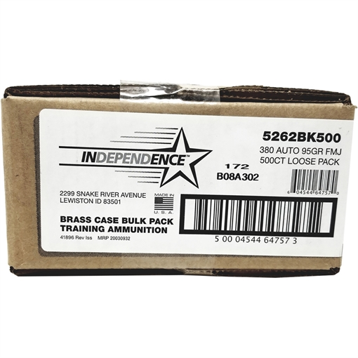 Picture of CCI Independence Brass Handgun Ammunition .380 ACP 95 gr FMJ 945 fps 500/ct (Bulk) 5262BK500