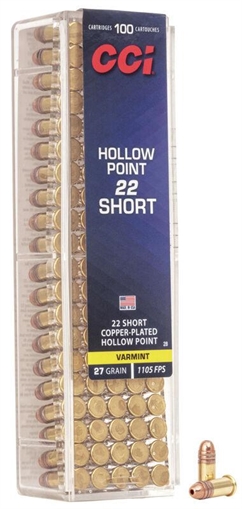 Picture of CCI Short Hollow Point Rimfire Ammunition .22 Short 27 gr CPHP 1105 fps 5000/ct Case (50-100/ct Boxes) 28CASE