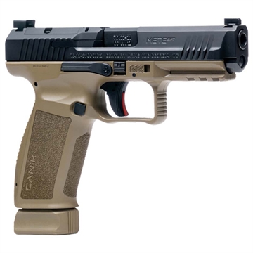 Picture of CANIK TP9, METE SFT, Striker Fired, Semi-automatic, Polymer Frame Pistol, Full Size, 9MM, 4.47" Barrel, Black Slide, Tan Frame, 3 Dot White Sights, Flared Magwell, Holster Fit and Lock, Optics Ready, 2 Magazines, (1)-18 Round and (1)-20 Round HG5636-N HG5636N