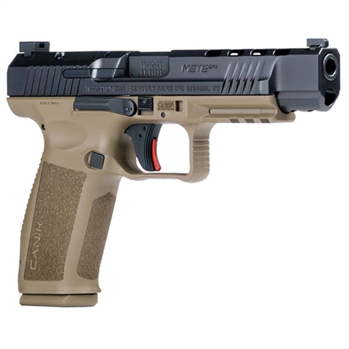 Picture of CANIK TP9, METE SFx, Striker Fired, Semi-automatic, Polymer Frame Pistol, Full Size, 9MM, 5.2" Barrel, Black Slide, Tan Frame, 3 Dot White Sights, Flared Magwell, Holster Fit and Lock, Optic Ready, 2 Magazines, (1)-18 Round and (1)-20 Round HG5635-N HG5635N
