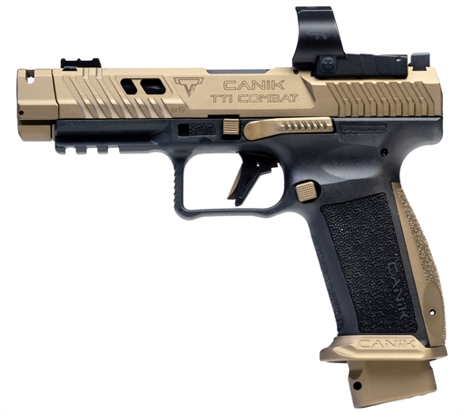 Picture of CANIK TTI Combat, Striker Fired, Semi-automatic, Polymer Framed Pistol, Full Size, 9MM, 4.6" Ported and Fluted Barrel, Canik Compensator, Matte Finish, TTI Bronze, Adjustable Rear Sight, Fiber Optic Front Sight, 18 Rounds, 2 Magazines, MeCanik MO3 Optic HG7854V-N HG7854VN