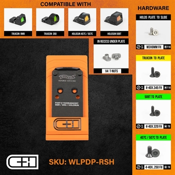 Picture of C&H Precision CHP Adapter Plate, Converts the Walther PDP 1.0/PPQ (Q4/Q5) to the Trijicon RMR/SRO, Holosun 407C/507C/508C/508T, C&H EDC-XL/COMP, Anodized Finish, Black, Includes Mounting Hardware WLPDP-RSH